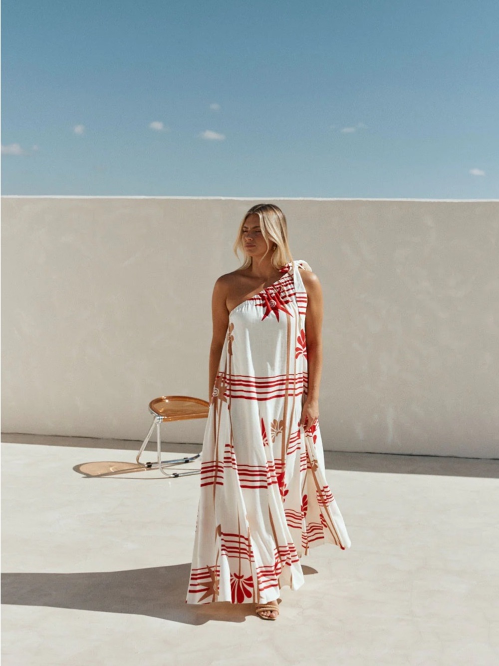 Sabo Skirt One-Shoulder Floral Stripe Avani Maxi Dress - Red & Cream Moana L - Picture 5 of 12